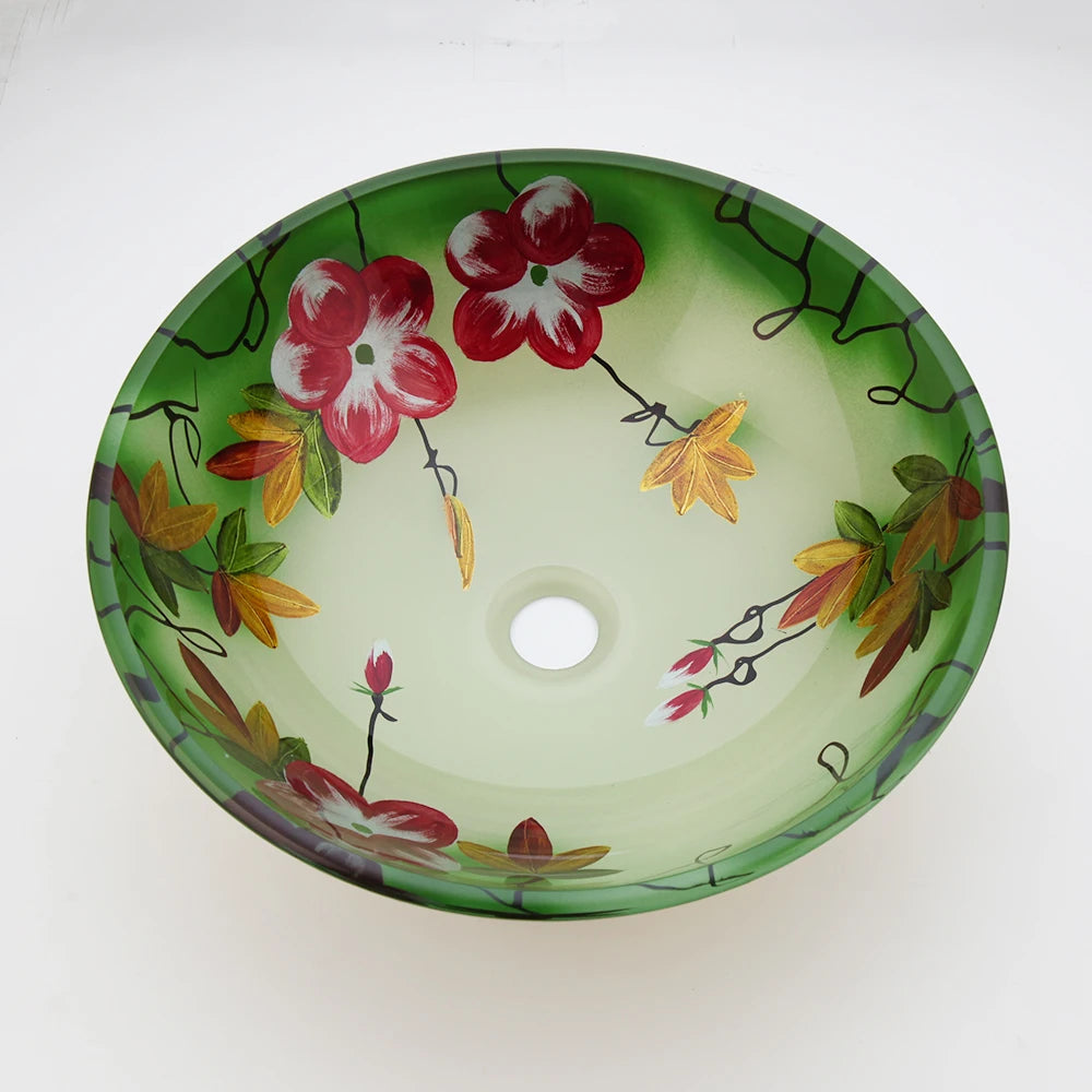 ZAPPO Round Bathroom Vessel Sink Green Tempered Glass Washbasin with Faucet Mixer Set Above Counter Sink Bowl For Hotel Bathroom