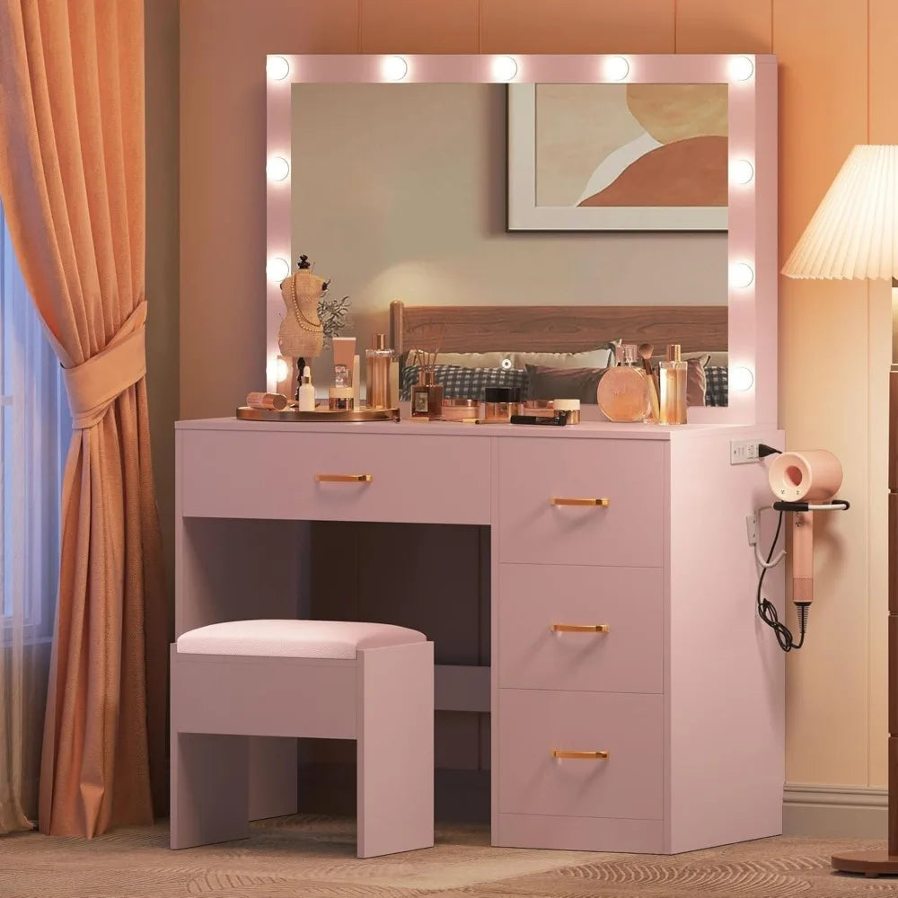 Large Makeup Vanity Desk with Mirror, LED Lights, Power Outlet, 4 Drawers, and Cushioned Stool