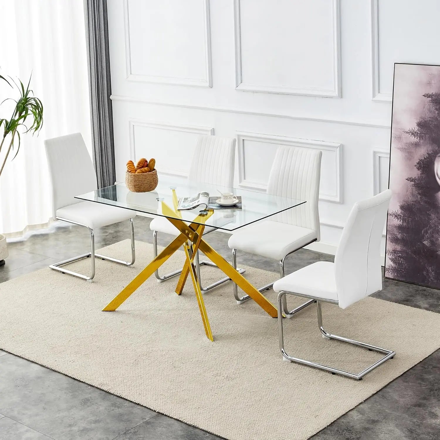 Rectangular Tempered Glass Dining Table with Metal Legs