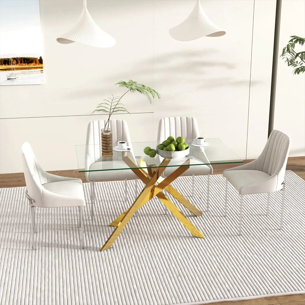 Rectangular Tempered Glass Dining Table with Metal Legs