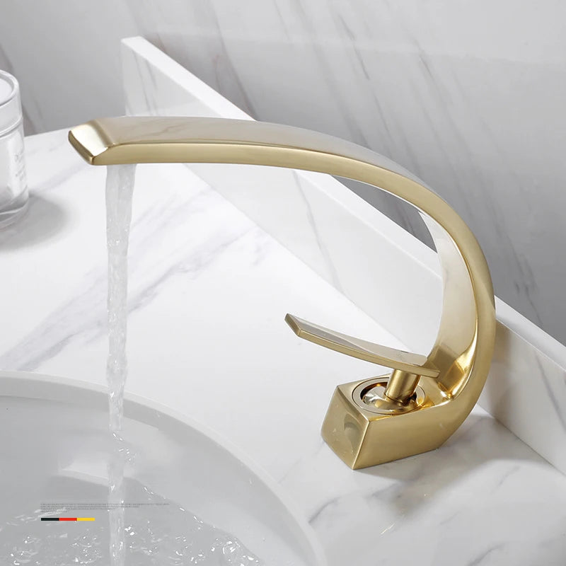 Bathroom Basin Faucet Arc Waterfall Tap Deck Mount Single Handle Single Hole Cold Hot Water Mixer Washing Sink Crane
