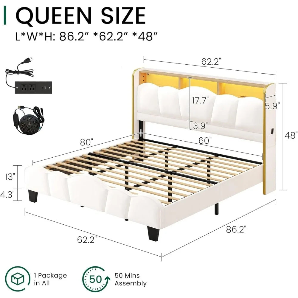 Velvet Upholstered  Bed Frame with LED Lights and Charging Station