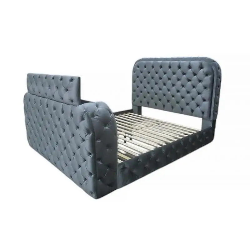 Velvet Eastern King Bed with LED, Fireplace & TV Stand