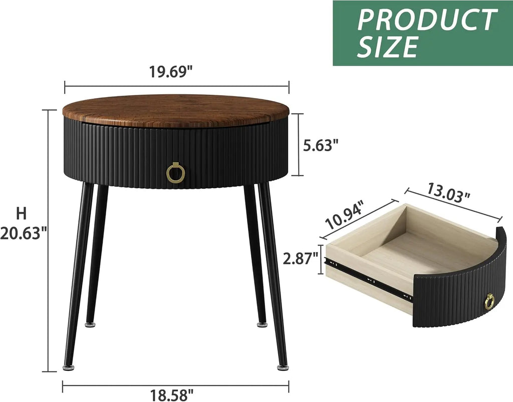 Side Tables Set of 2, Round Nightstand with Drawer, Modern End Tables