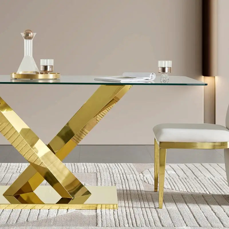 Gold Stainless Steel Dining Table with Clear Tempered Glass Top