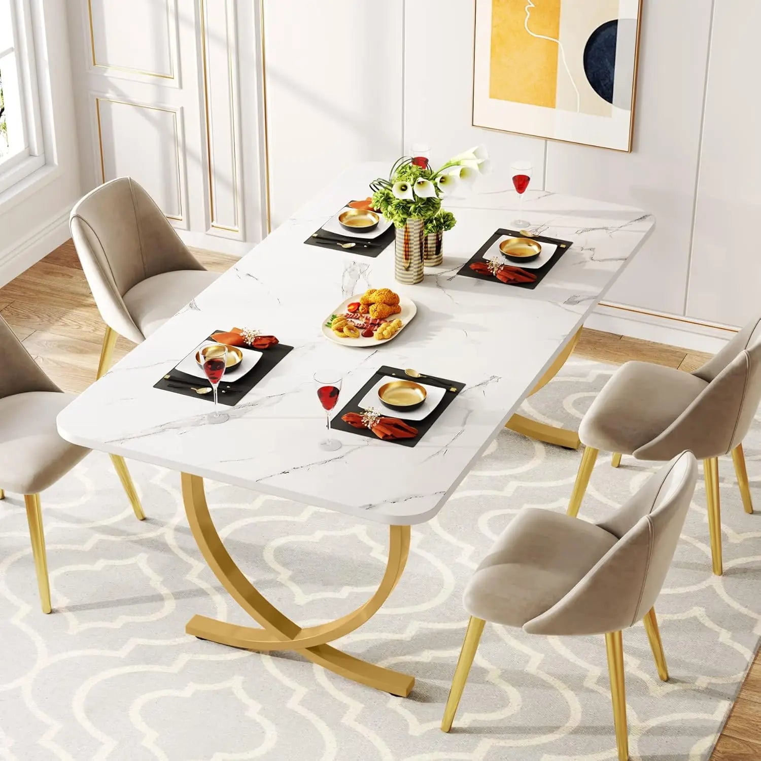 Rectangular Faux Marble Dining Table for 4 to 6