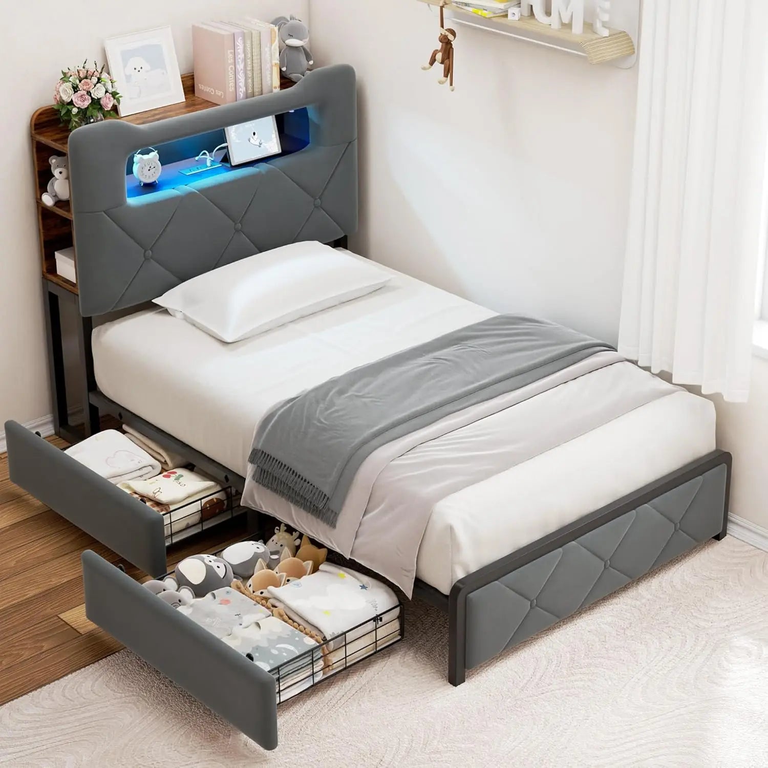 LED Twin Size Bed Frame w/2 Storage Drawers & 2-Tier Storage Bookcase Headboard