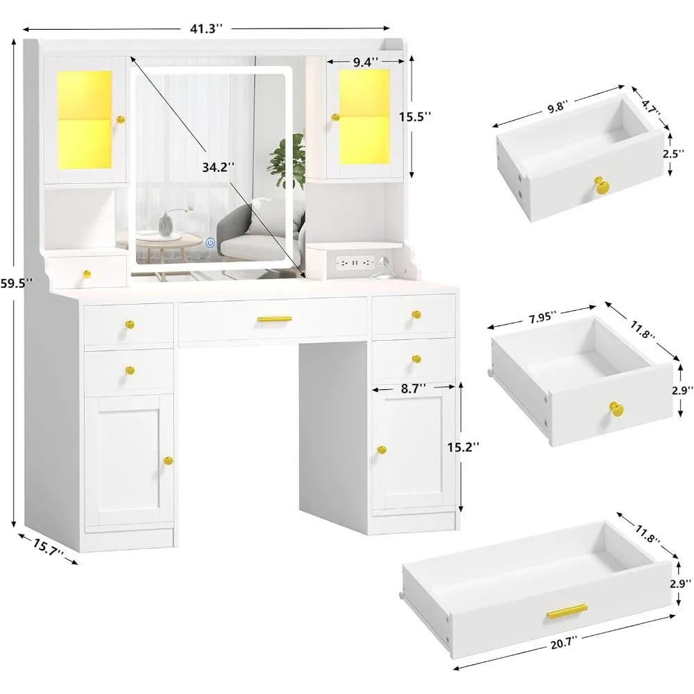 White Makeup Vanity Table with Charging Station, Mirror and Lights