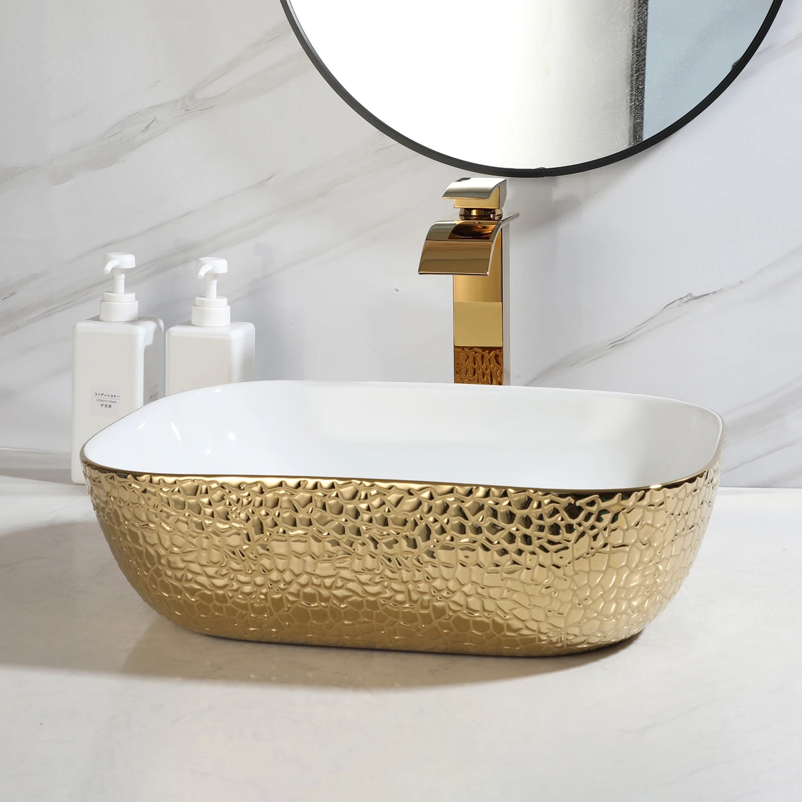 Gold&White Ceramic Vessel Sink Above Counter with Faucet and Drain Combo