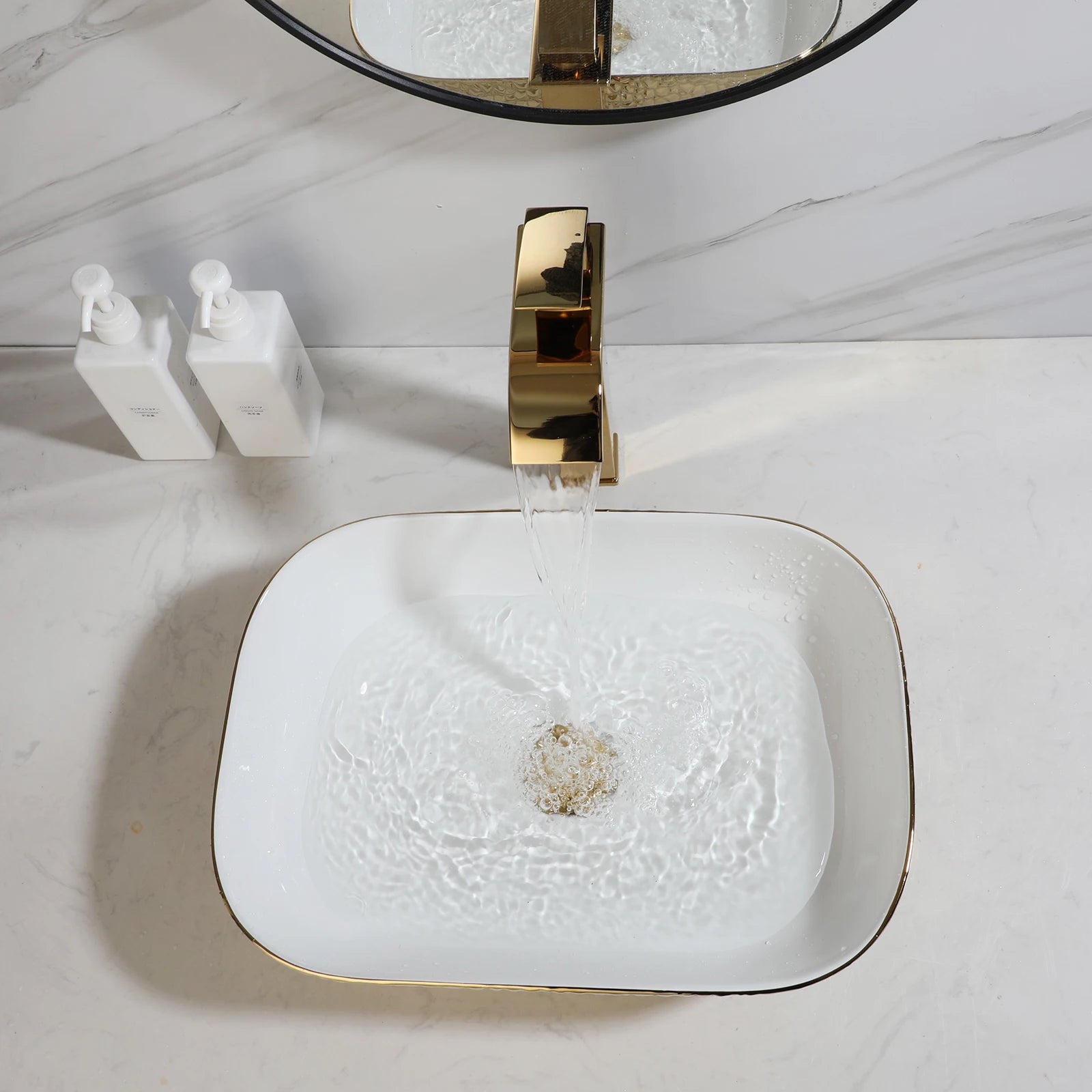 Gold&White Ceramic Vessel Sink Above Counter with Faucet and Drain Combo