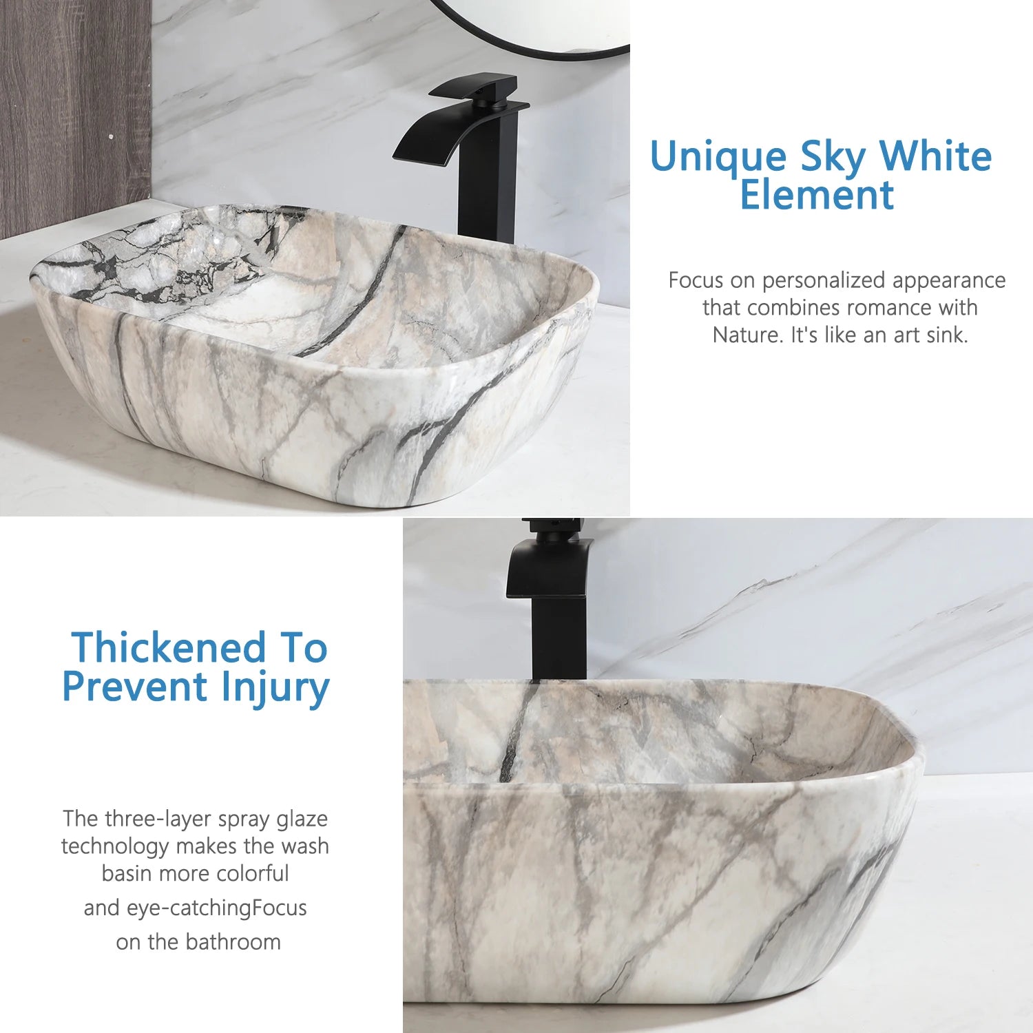 Imitation Marble Style Sink Set Ceramic Basin w/Black Sink Faucets