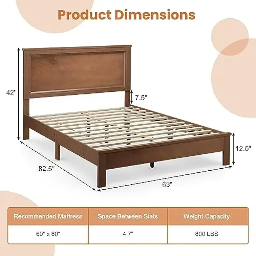 Wood Queen Platform Bed Frame with Headboard Walnut