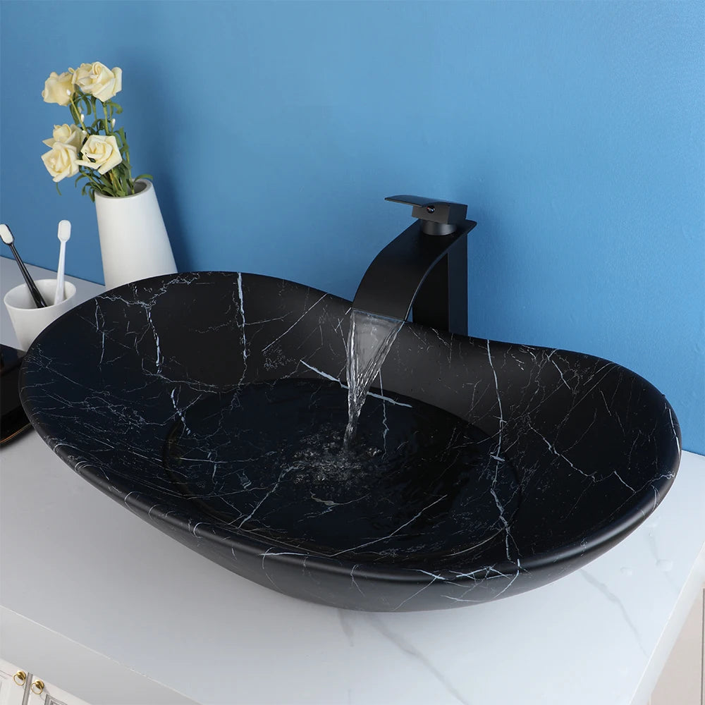 KEMAIDI Black Bathroom Sink with Gold Trim Oval Porcelain Vessel Sink with Faucet Drain Combo Above Counter Wash Basin Sink Bowl