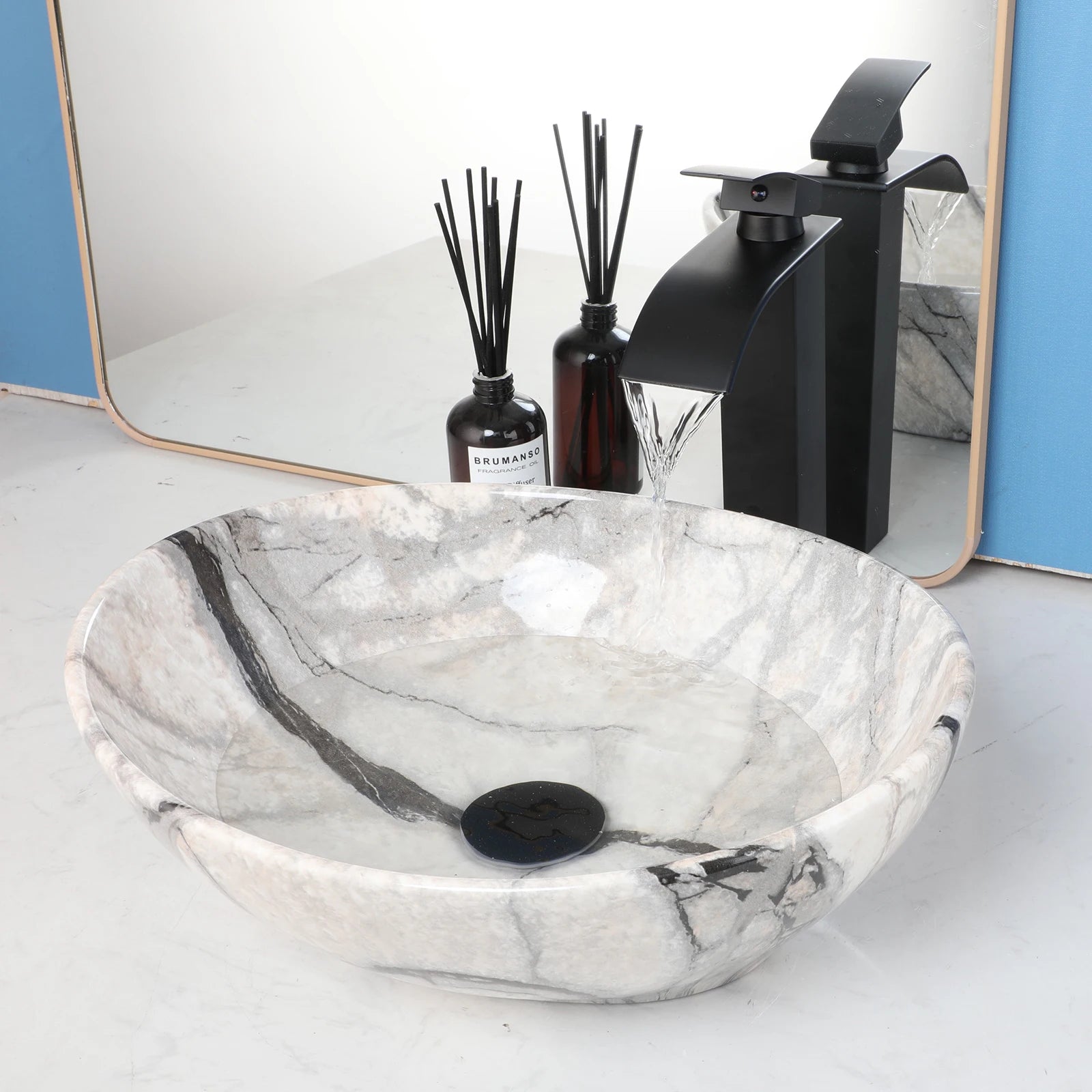 Oval Ceramic Vessel Sink w/Faucet & Unique Marbling