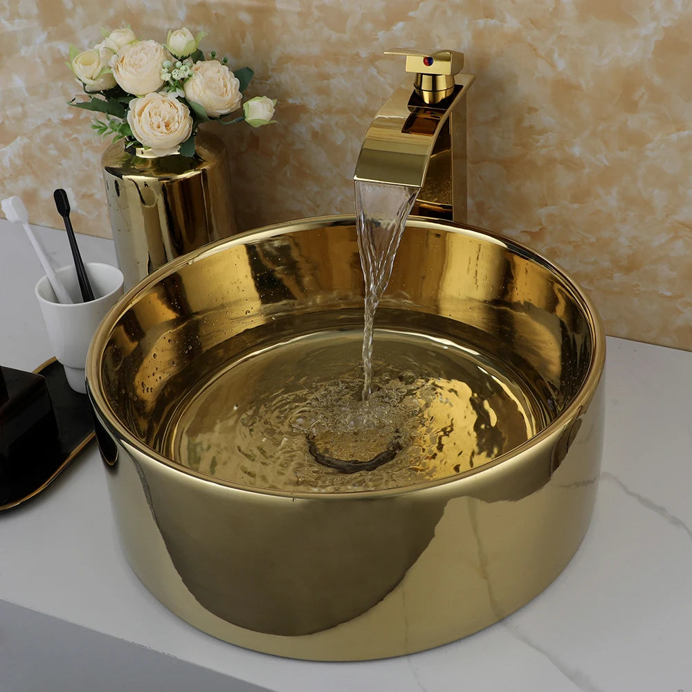 Gold Round Vessel Sink with Faucet (13.6x11.6”)