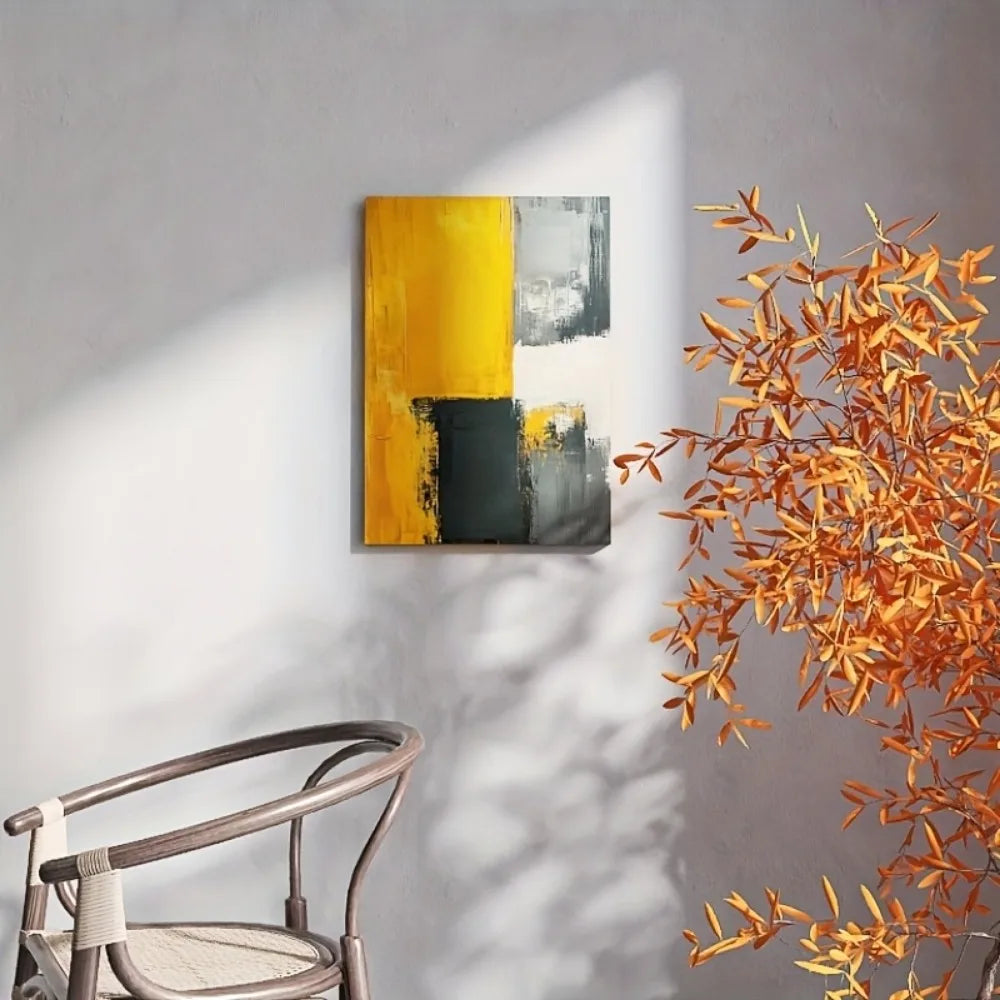 Abstract Art Canvas with Black, Yellow and Grey Geometric Patterns