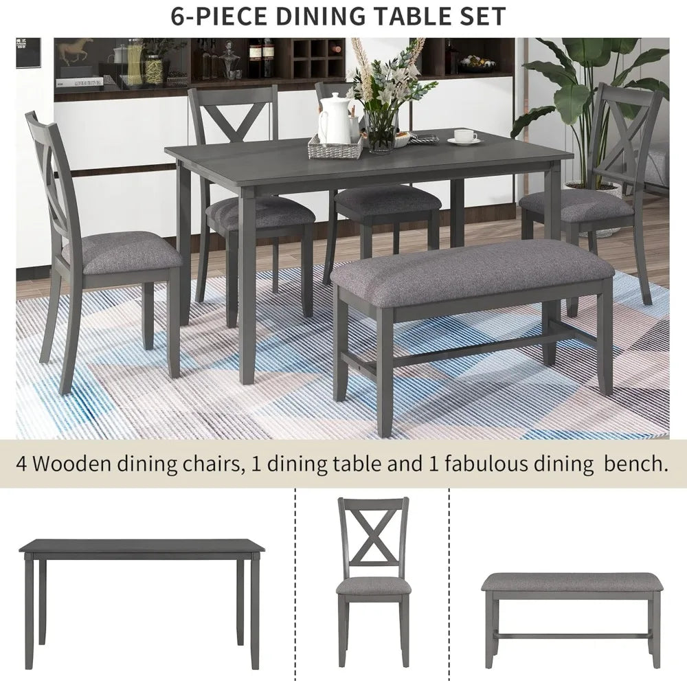 6-piece rectangular wooden kitchen dining set with 4 cushioned chairs and 1 bench