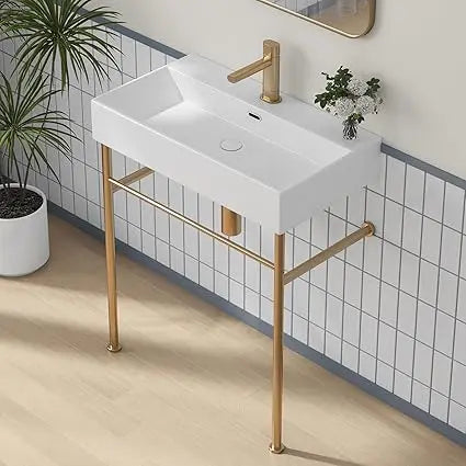 Console Bathroom Sink, Free Standing 30"x16" w/Stainless Steel Support Pedestal Legs