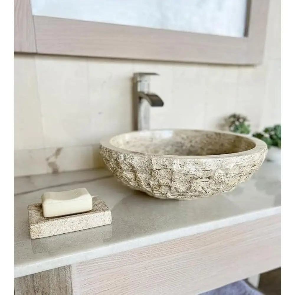 Circle Bowl Chiseled Bathroom Vessel Sink Round Shape Polished Interior Hand Carved Marble Stone 16" with Free Soap Dish