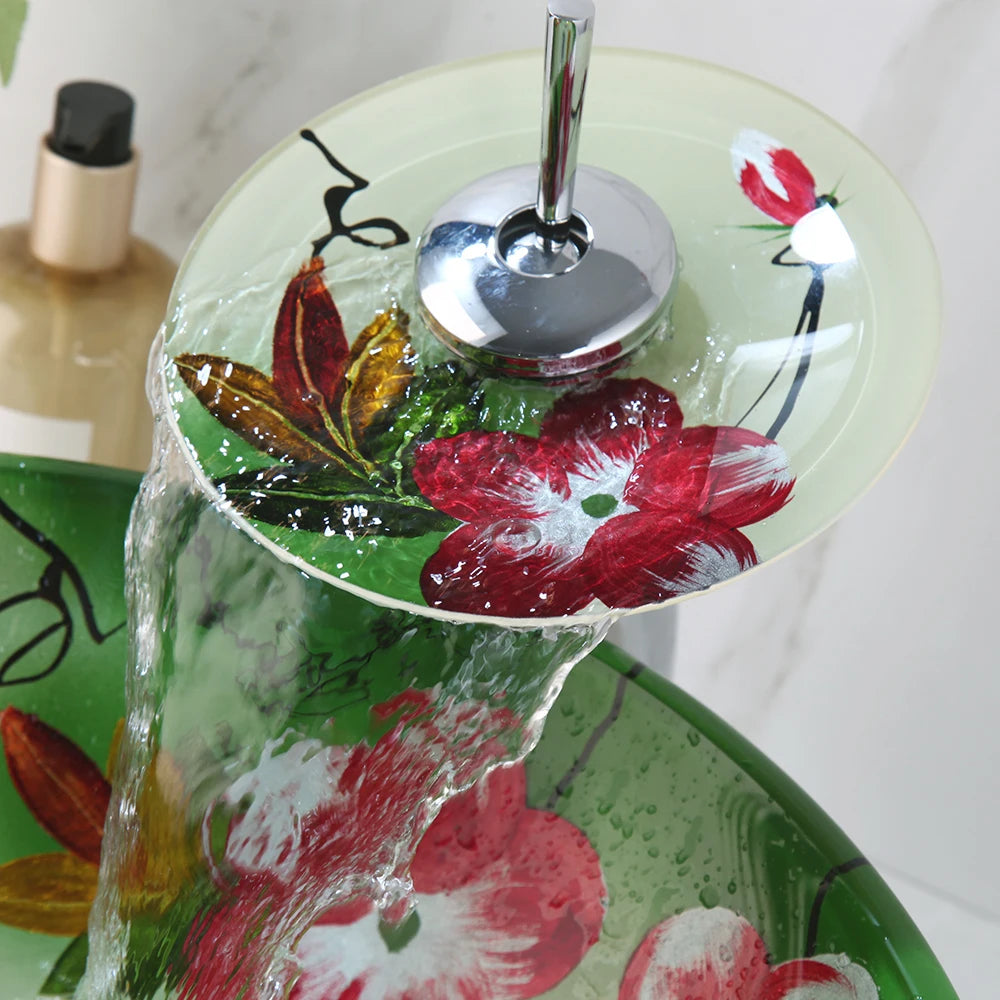 Green Tempered Glass Washbasin with Faucet Mixer Set