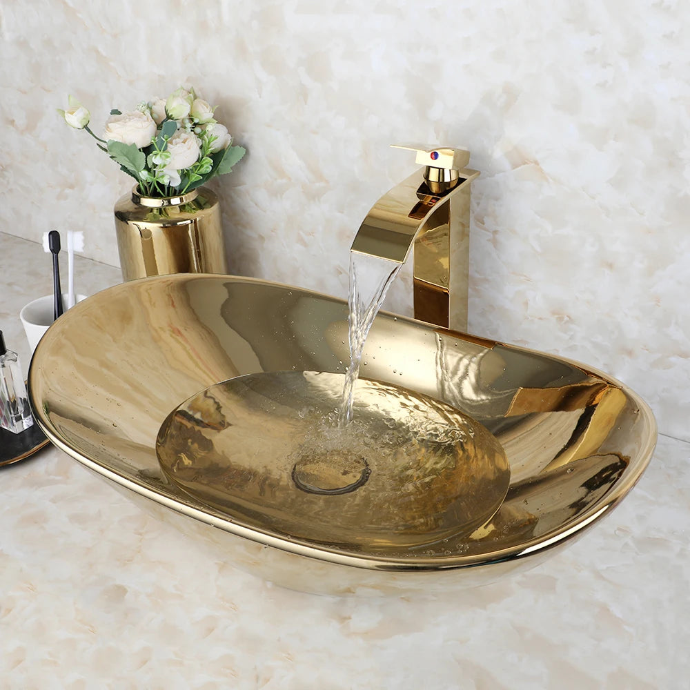 Gold Ceramic Bathroom Vessel Sink  Sink Bowl w/ Waterfall Faucet and Drain Combo
