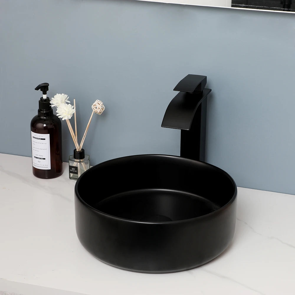 Matte Black Bathroom Ceramic Washing Bowl Sink w/Faucet Mixer Tap Set