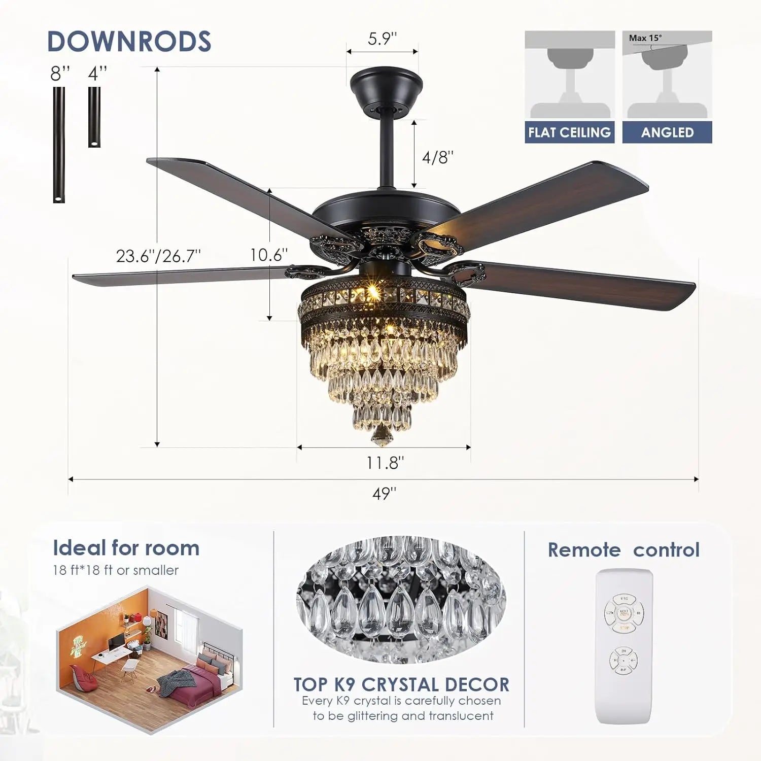 Crystal Ceiling Fan Fandelier with Lights - 52"
