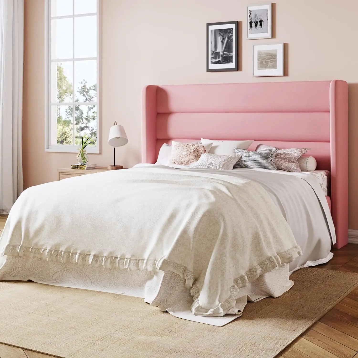 Queen/King Bed Frame with Velvet Upholstered Wingback Headboard