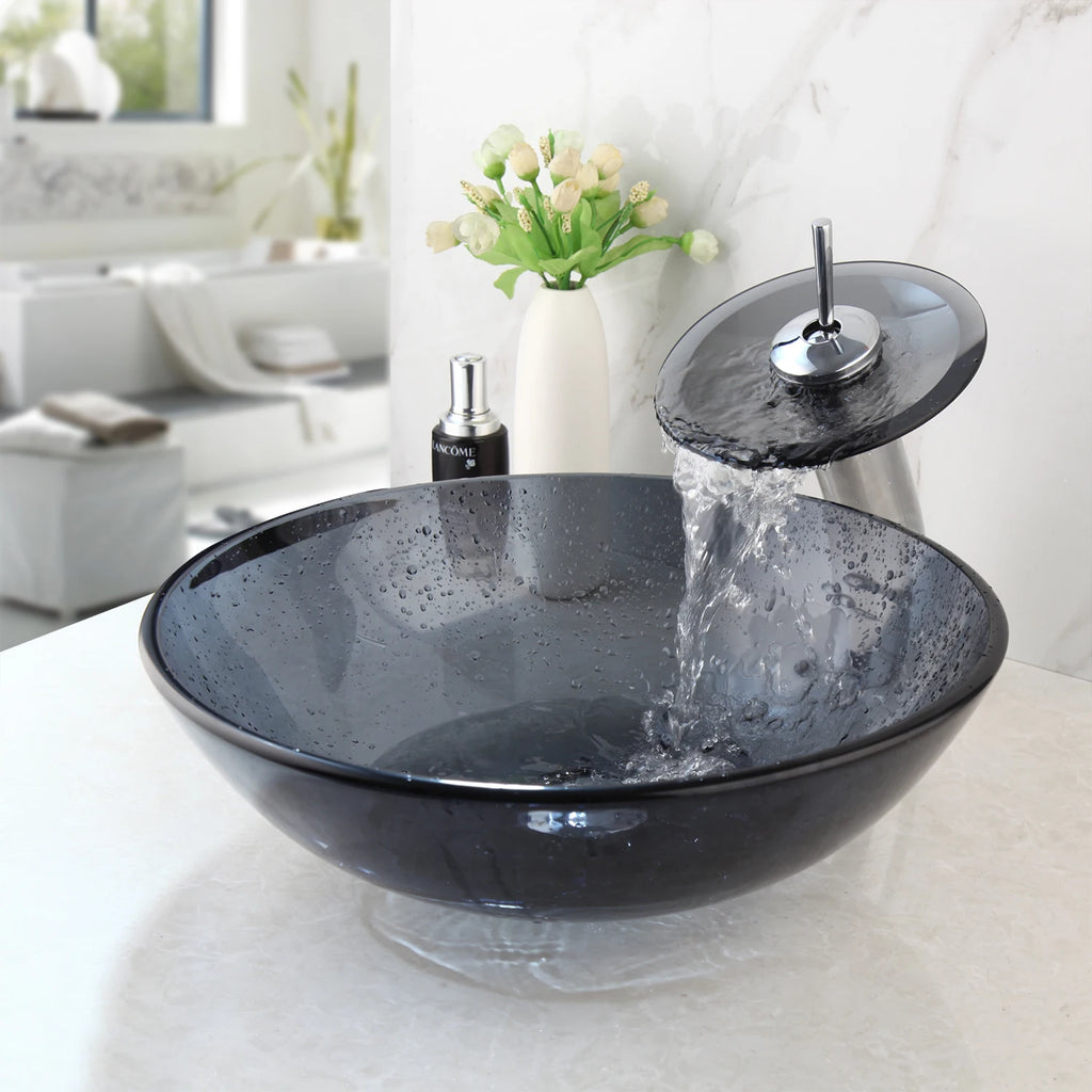 Tempered Glass Bathroom Grey Vessel Sink W/ Waterfall Faucet  Mixer