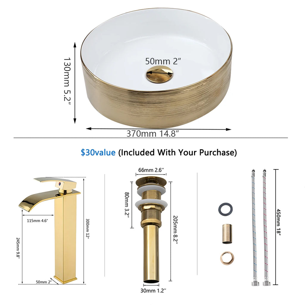 Gold Round Vessel Sink with Faucet (13.6x11.6”)