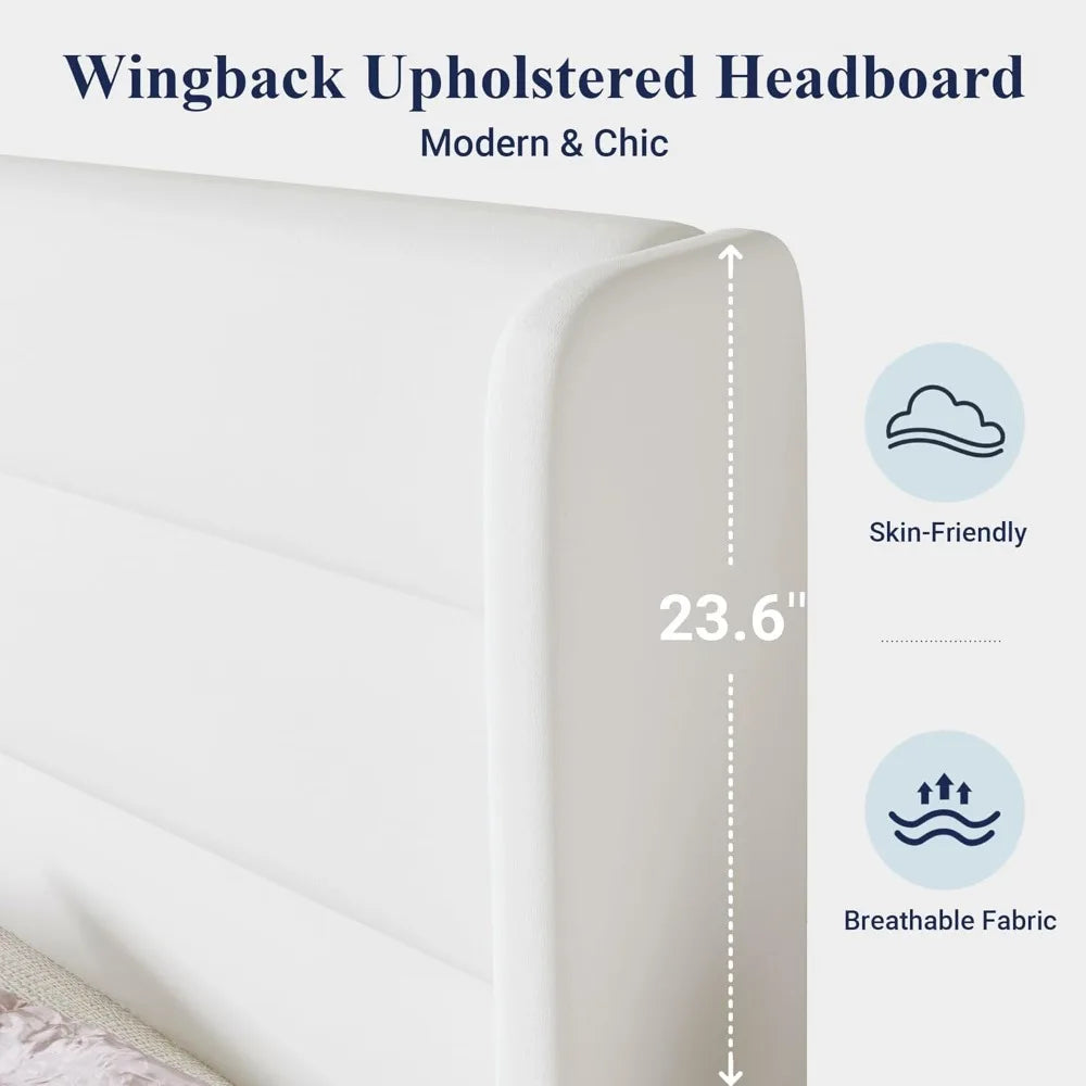 Queen/King Bed Frame with Velvet Upholstered Wingback Headboard