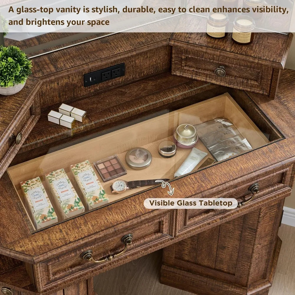 Large Farmhouse Corner Makeup Vanity Desk 48" with 3 Way Mirror and Lights