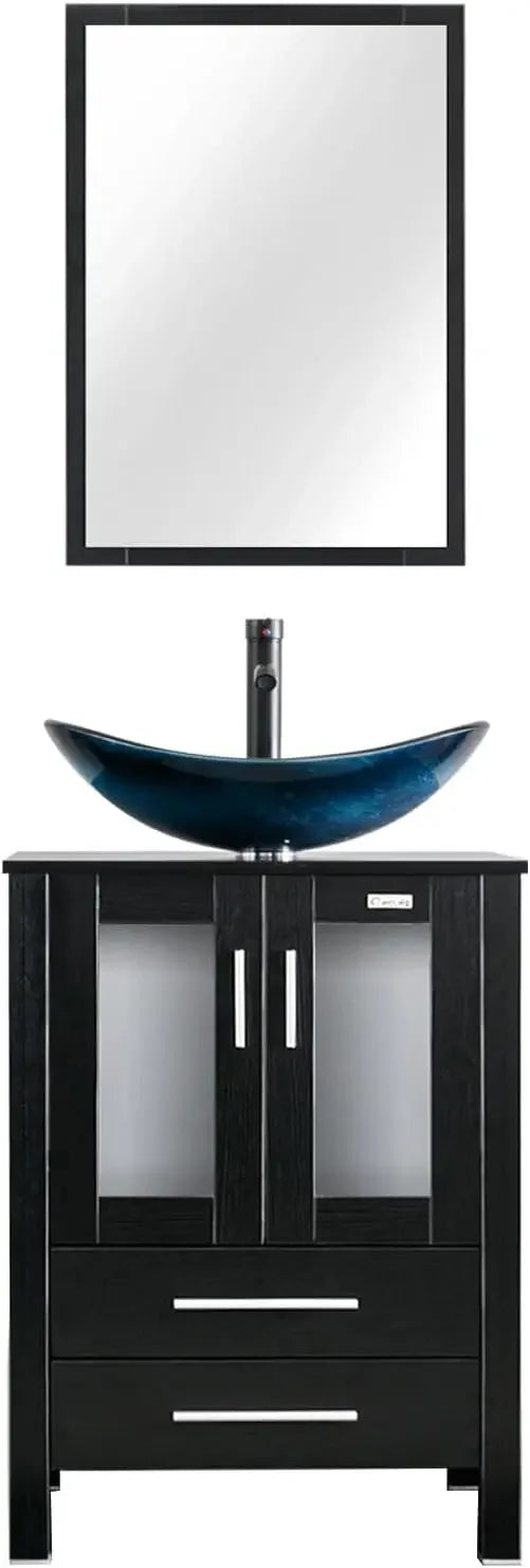 Vanity Sink Combo Black Stand Cabinet with Blue Boat Tempered Glass Vessel Sink w/Faucet