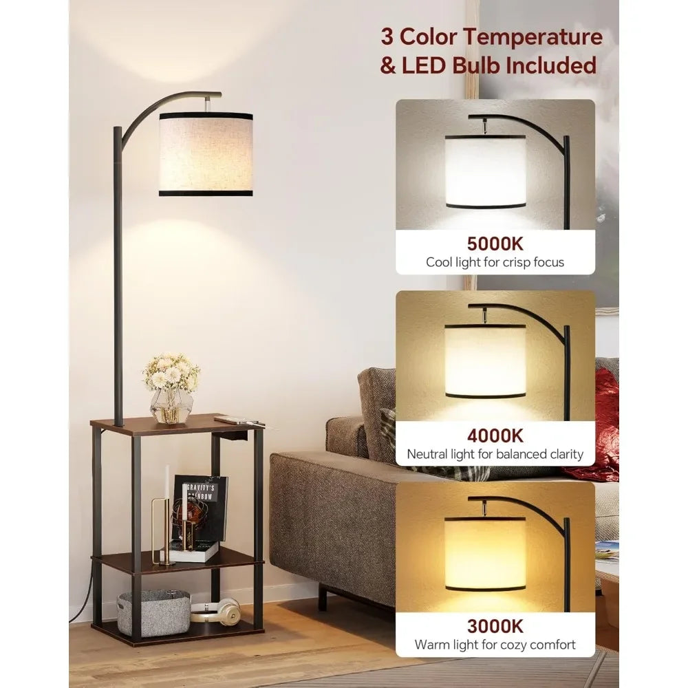 Customizable-Floor Lamp With Table, End Table With Lamp, Shelves, Charging Station(USB & AC Port), 3-Color Temperature LED Bulb,