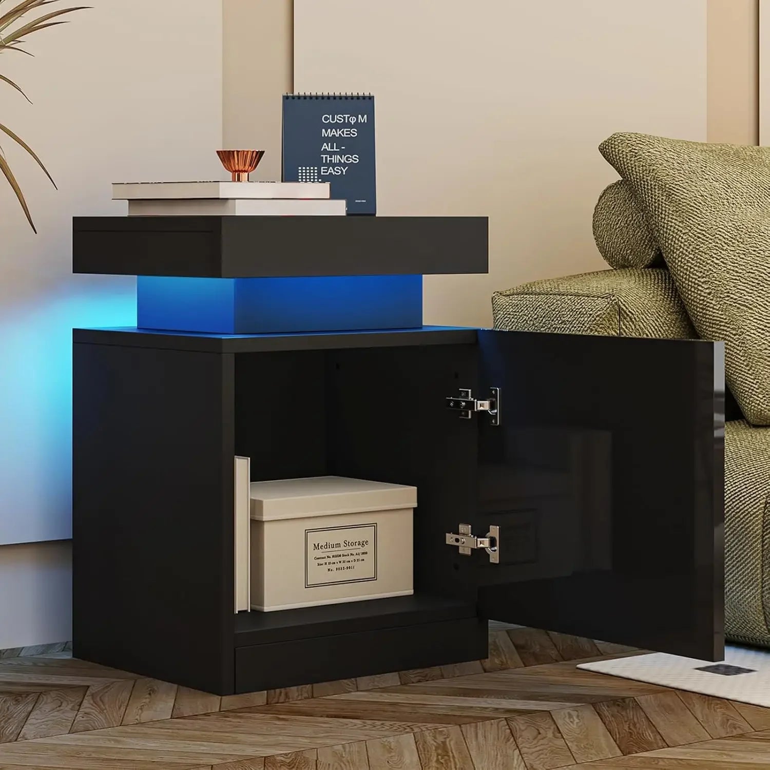 LED Nightstands Set of 2, Night Stand with Storage Cabinet