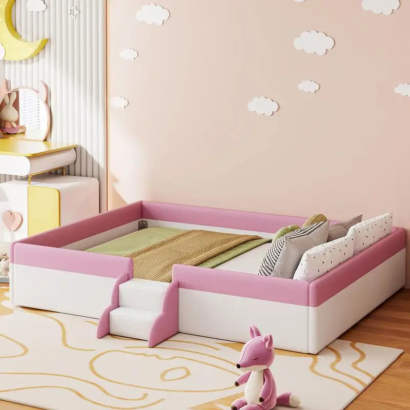 King Size Upholstered Daybed Frame with Fence & Stairs