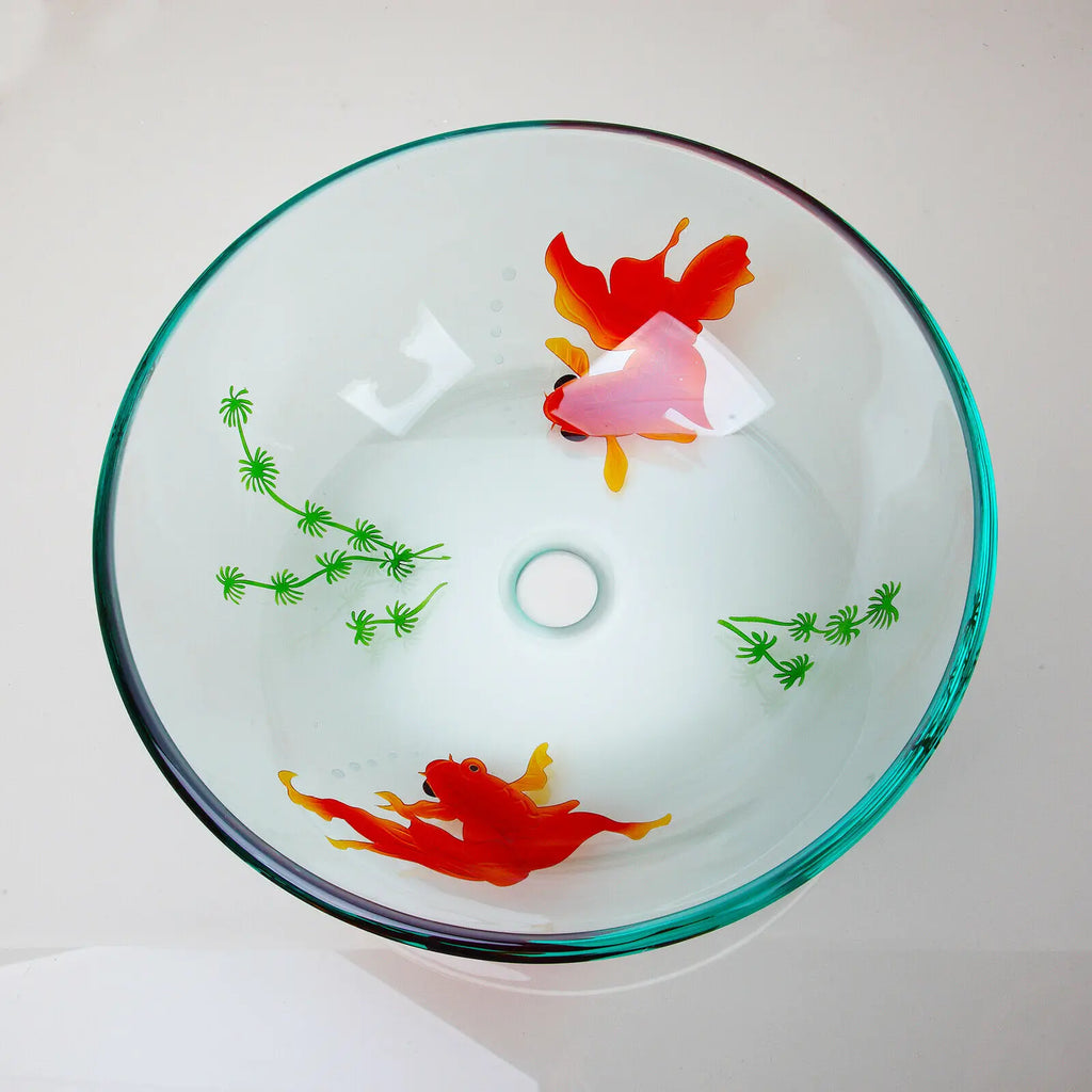 Tempered Glass Bathroom Basin Sink Faucet Combo w/Goldfish Pattern