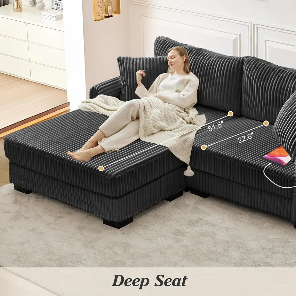 L-Shaped Couch with Convertible Chaise w/USB Charging Port, Side Pocket