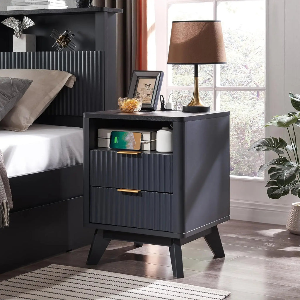 Fluted Nightstand with Charging Station
