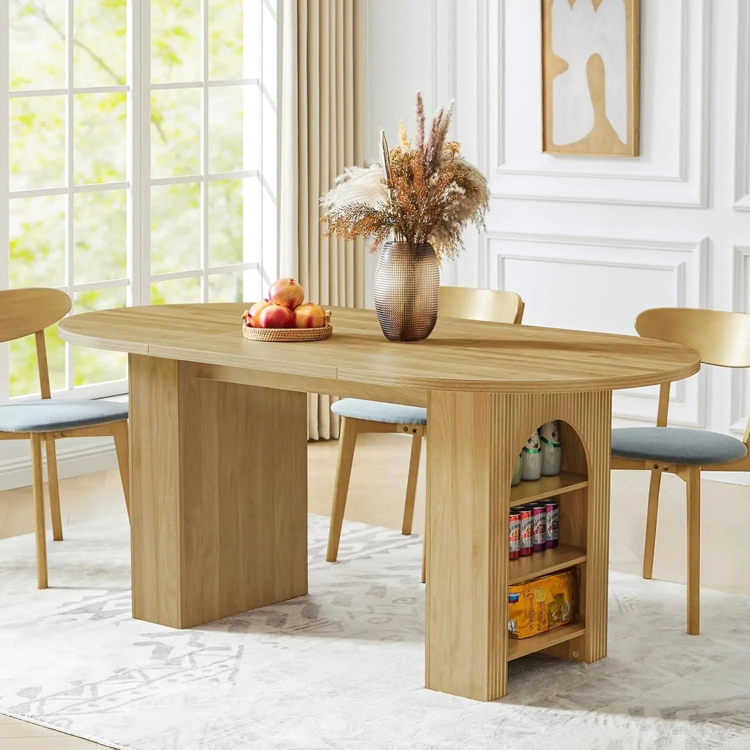 Oval Kitchen Dining Table for 4-6 People with Wood Strip Base
