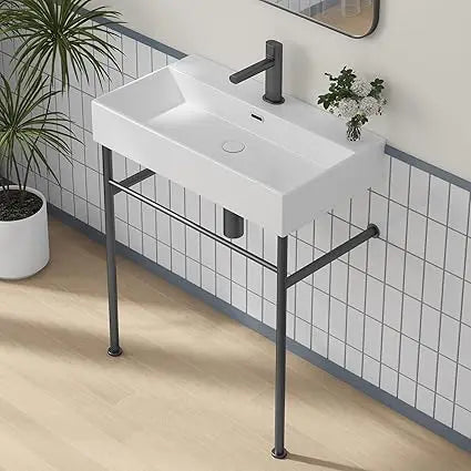 Console Bathroom Sink, Free Standing 30"x16" w/Stainless Steel Support Pedestal Legs