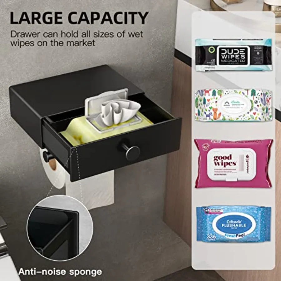Matte Black WallMounted Toilet Paper Holder with Integrated Shelf and Storage Drawer
