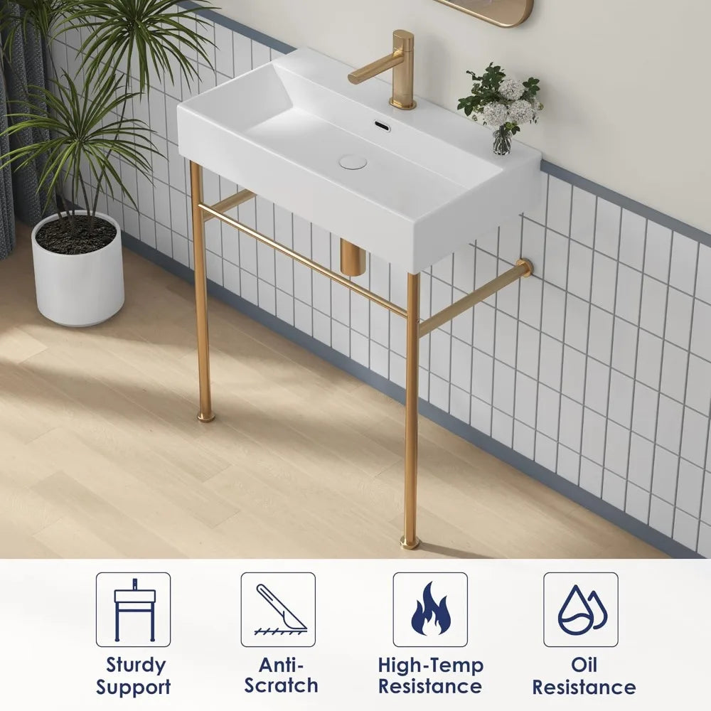 Console Bathroom Sink, Free Standing 30"x16" w/Stainless Steel Support Pedestal Legs