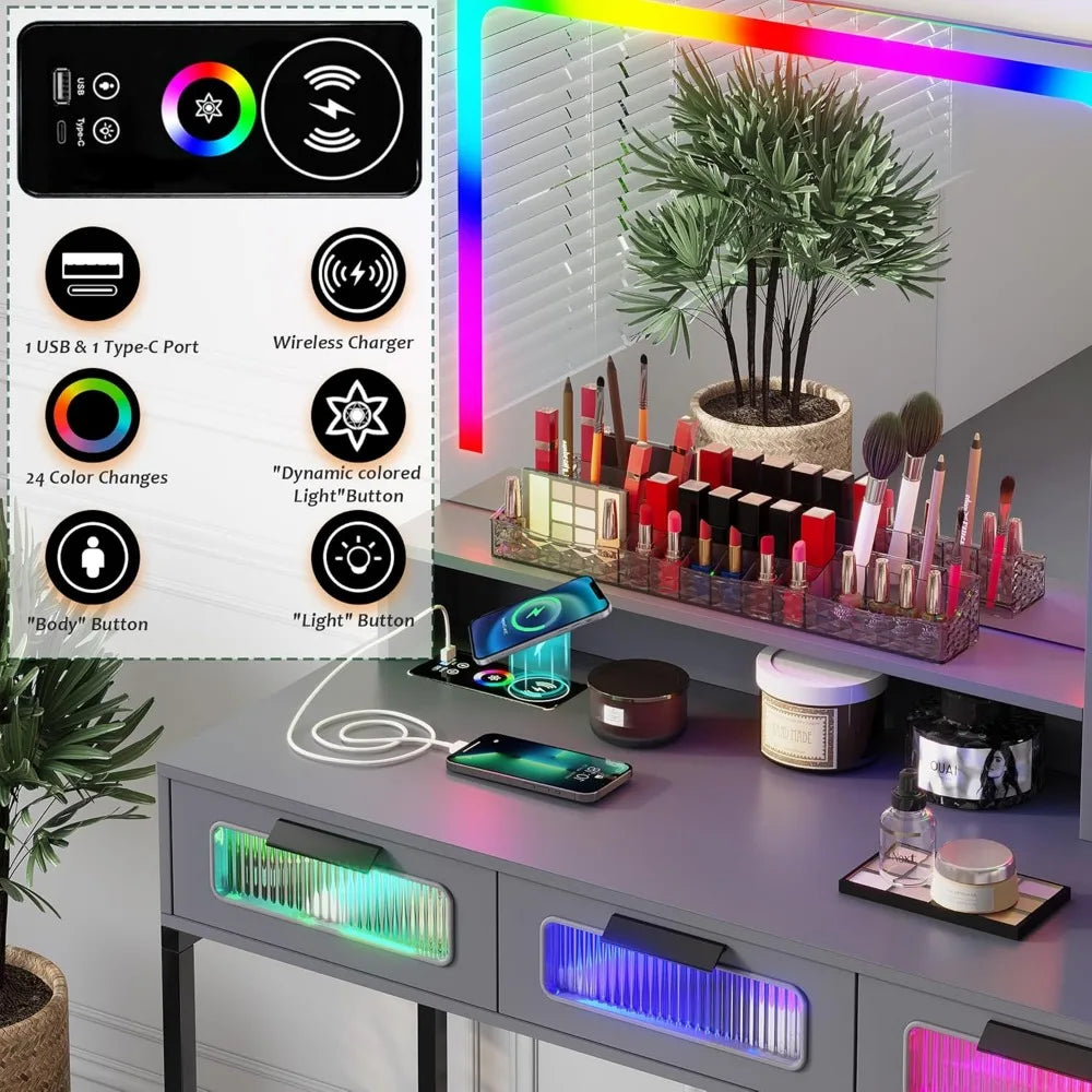 RGB Vanity Desk Dressing Table Set w/Mirror and Lights