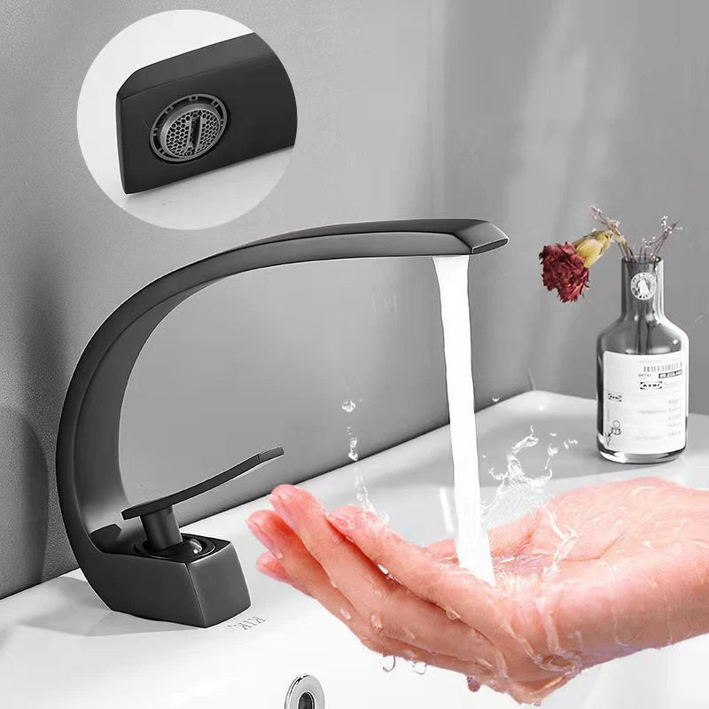 Bathroom Basin Faucet Arc Waterfall Tap Deck Mount Single Handle Single Hole Cold Hot Water Mixer Washing Sink Crane