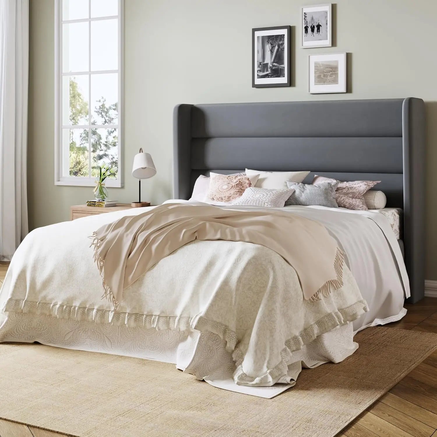 Queen/King Bed Frame with Velvet Upholstered Wingback Headboard