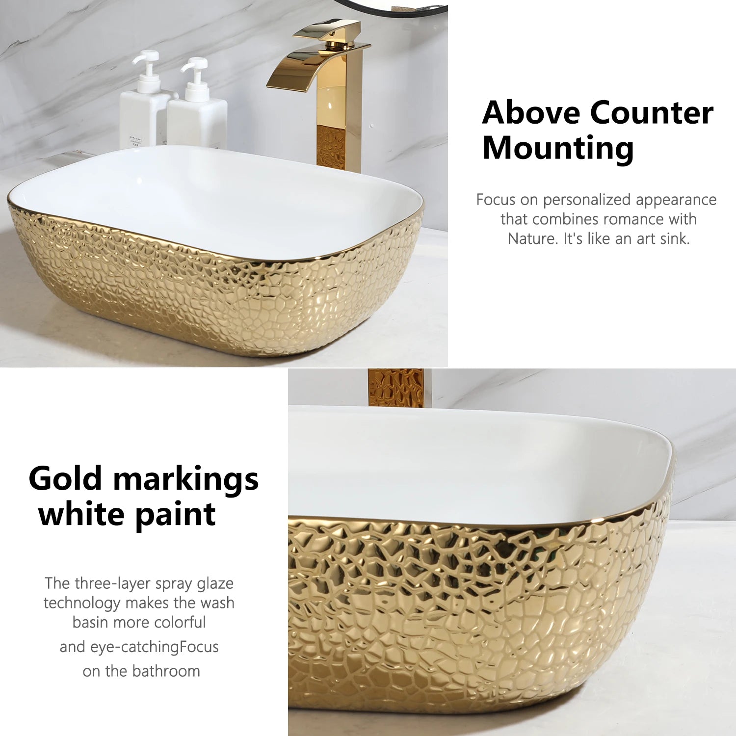 Gold&White Ceramic Vessel Sink Above Counter with Faucet and Drain Combo