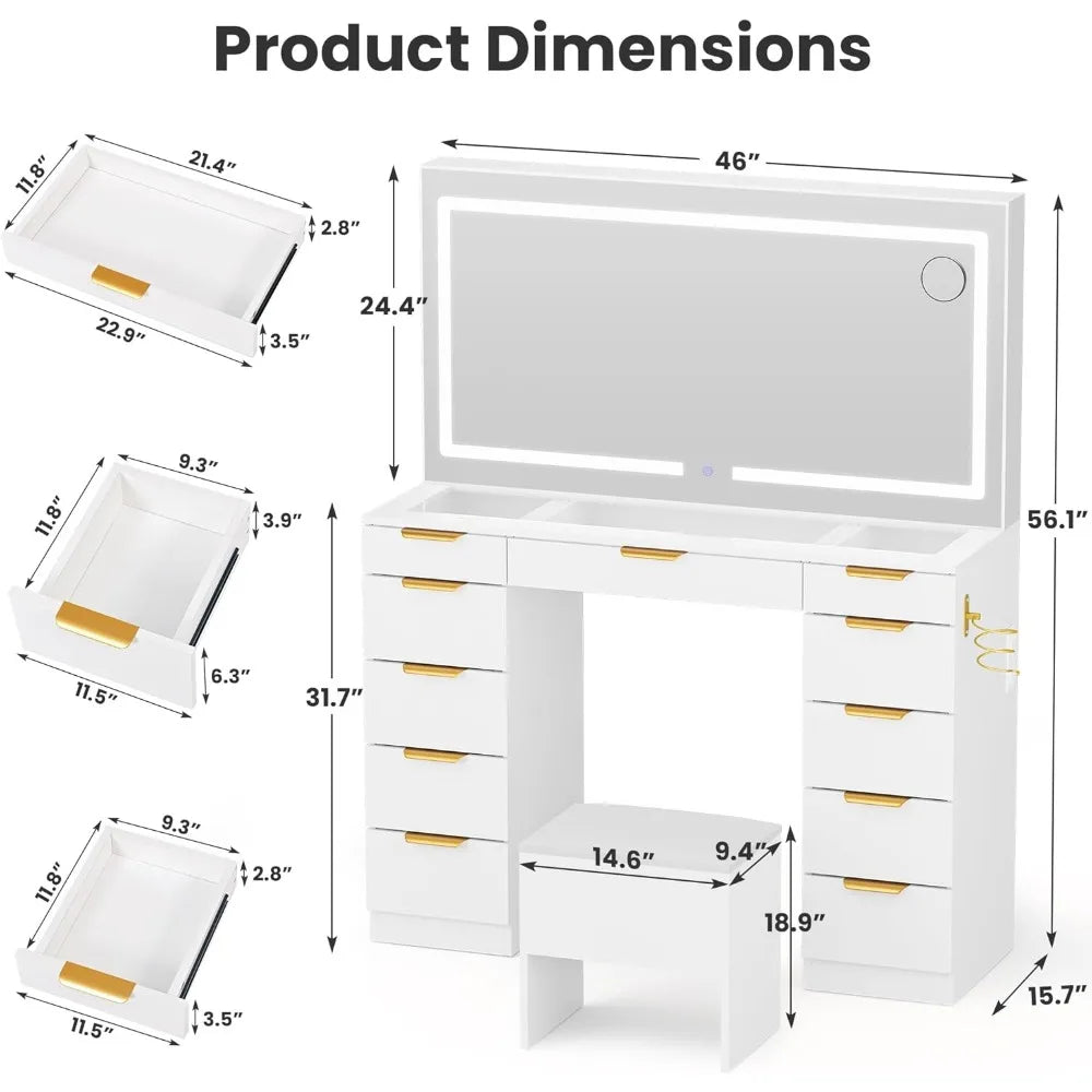 Illuminated Makeup Vanity Desk with 11 Drawers