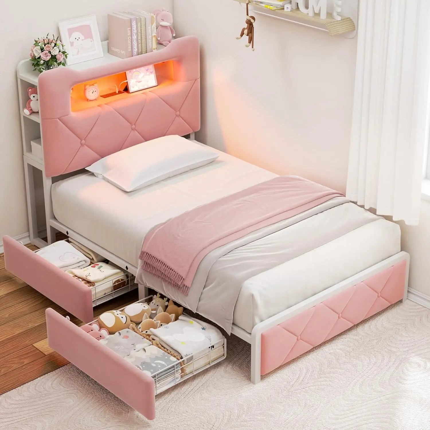 LED Twin Size Bed Frame w/2 Storage Drawers & 2-Tier Storage Bookcase Headboard