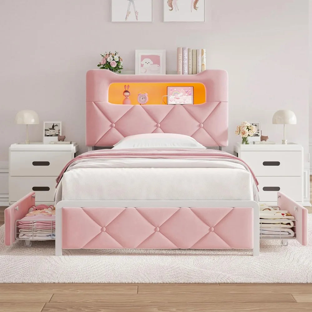 LED Twin Size Bed Frame w/2 Storage Drawers & 2-Tier Storage Bookcase Headboard